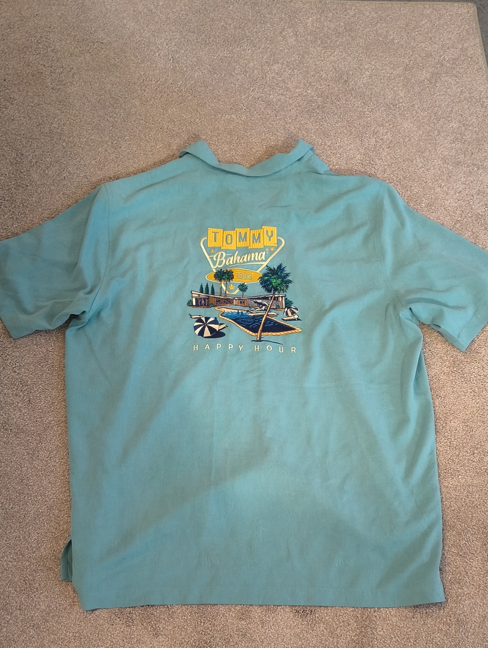 Tommy Bahama Men's Teal Silk Beach'Happy Hour 1993' Graphic Button Up XLT